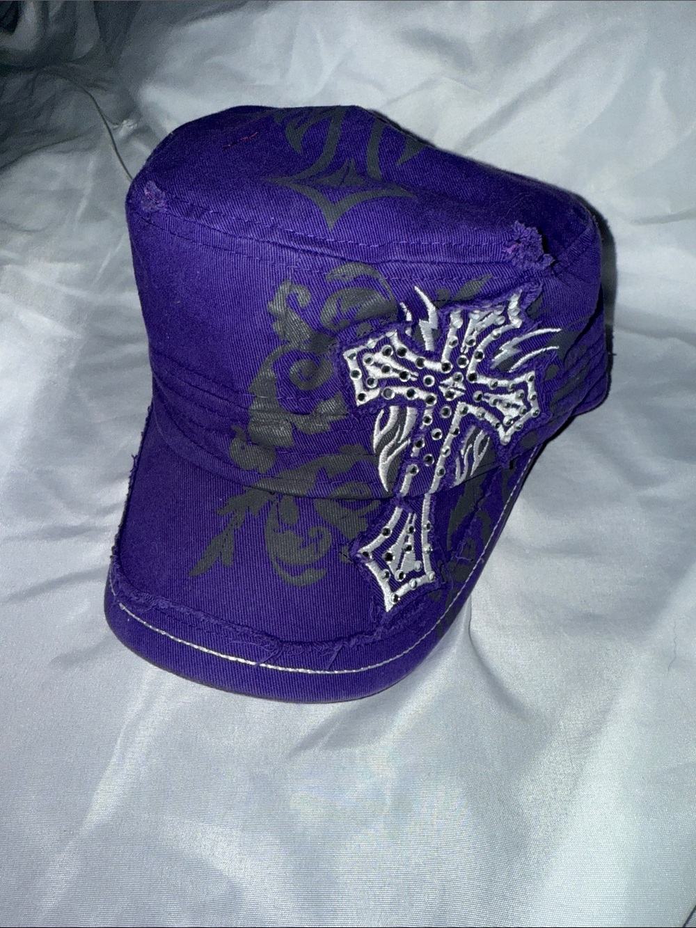 Purple Military-Style Pit Bull Cap with Embroidered Cross